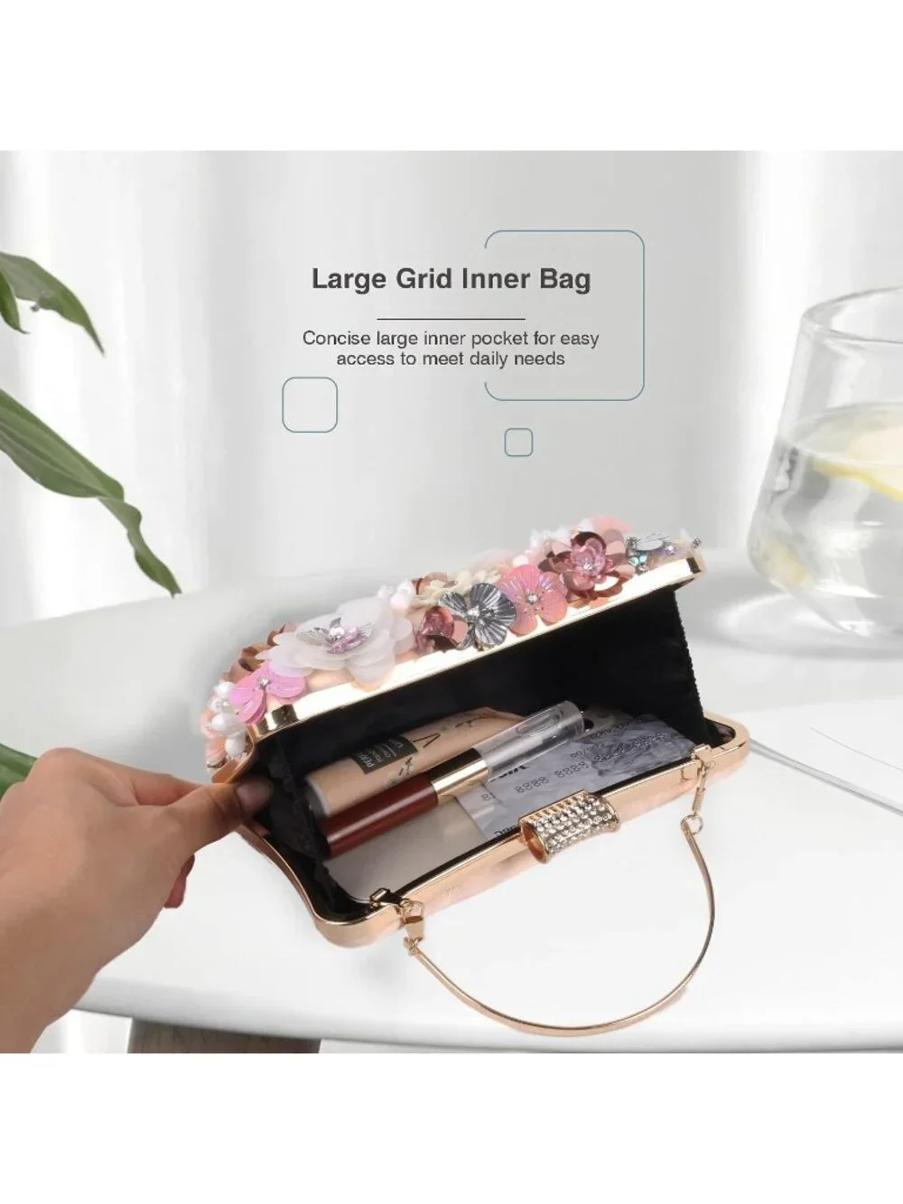Women's Tan Clutches Flower Evening Handbag Chain Strap Elegant Shoulder Bag